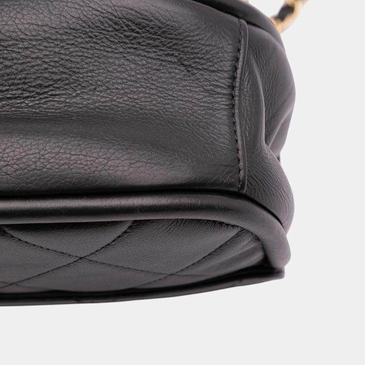 Pre Owned Chanel Black Mini CC Quilted Calfskin Round Moon Messenger Flap Bag