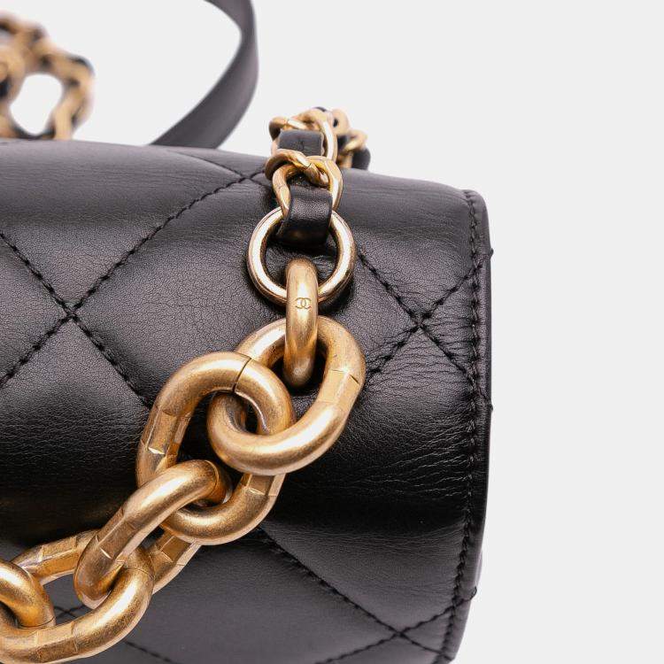 Pre Owned Chanel Black Mini CC Quilted Calfskin Round Moon Messenger Flap Bag
