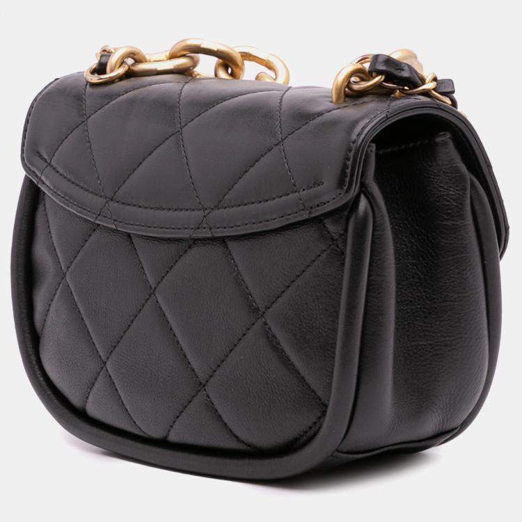 Pre Owned Chanel Black Mini CC Quilted Calfskin Round Moon Messenger Flap Bag
