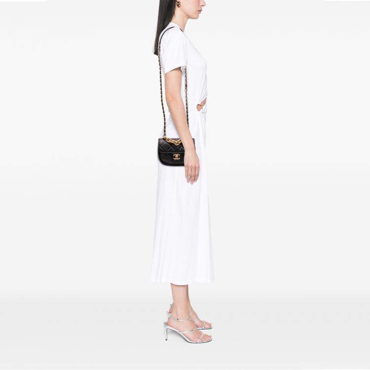 Pre Owned Chanel Black Mini CC Quilted Calfskin Round Moon Messenger Flap Bag