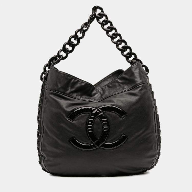 Pre Owned Chanel Black Calfskin Modern Chain Rhodoid Hobo