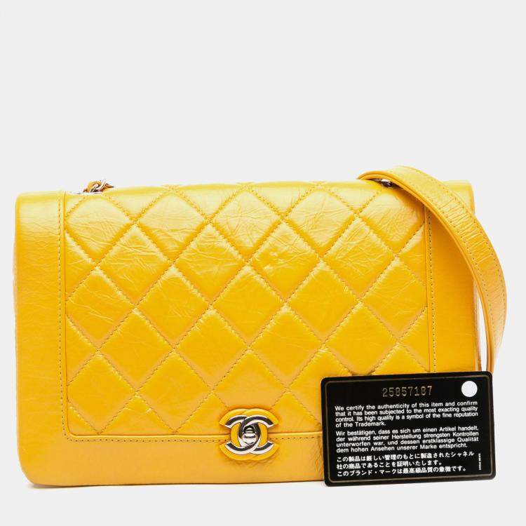 Pre Owned Chanel Yellow Crumpled Calfskin Bi Quilted Vintage Full Flap