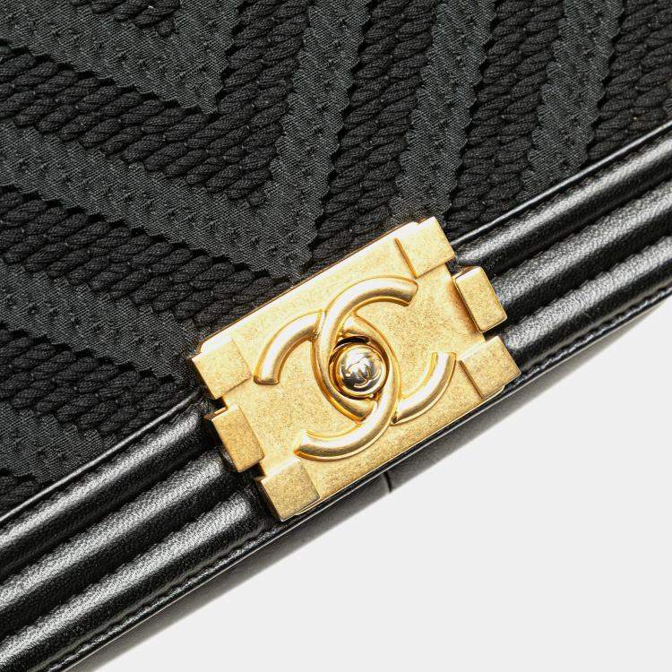 Pre Owned Chanel Black Old Medium Braided Chevron Cotton and Lambskin Boy Flap