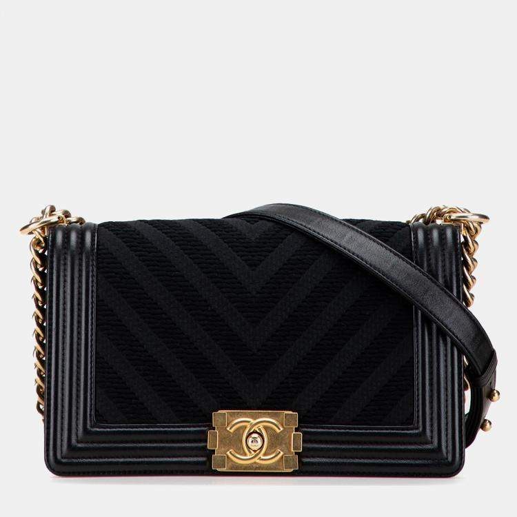 Pre Owned Chanel Black Old Medium Braided Chevron Cotton and Lambskin Boy Flap