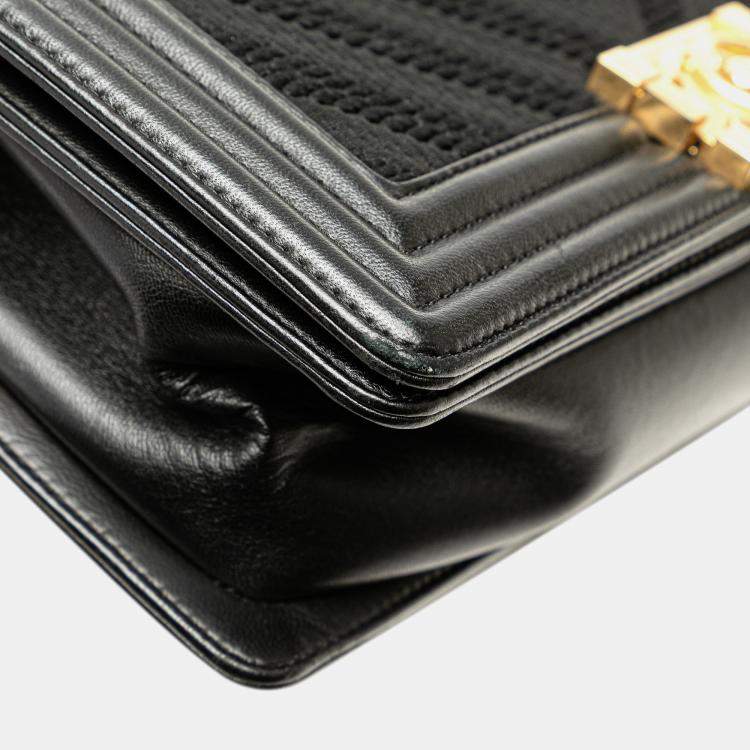 Pre Owned Chanel Black Old Medium Braided Chevron Cotton and Lambskin Boy Flap