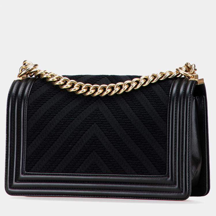 Pre Owned Chanel Black Old Medium Braided Chevron Cotton and Lambskin Boy Flap