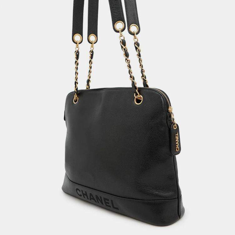 Pre Owned Chanel Logo Black Caviar Leather Chain Shoulder Bag