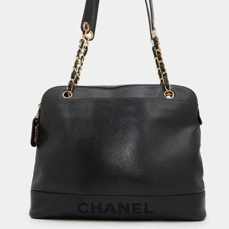 Pre Owned Chanel Logo Black Caviar Leather Chain Shoulder Bag