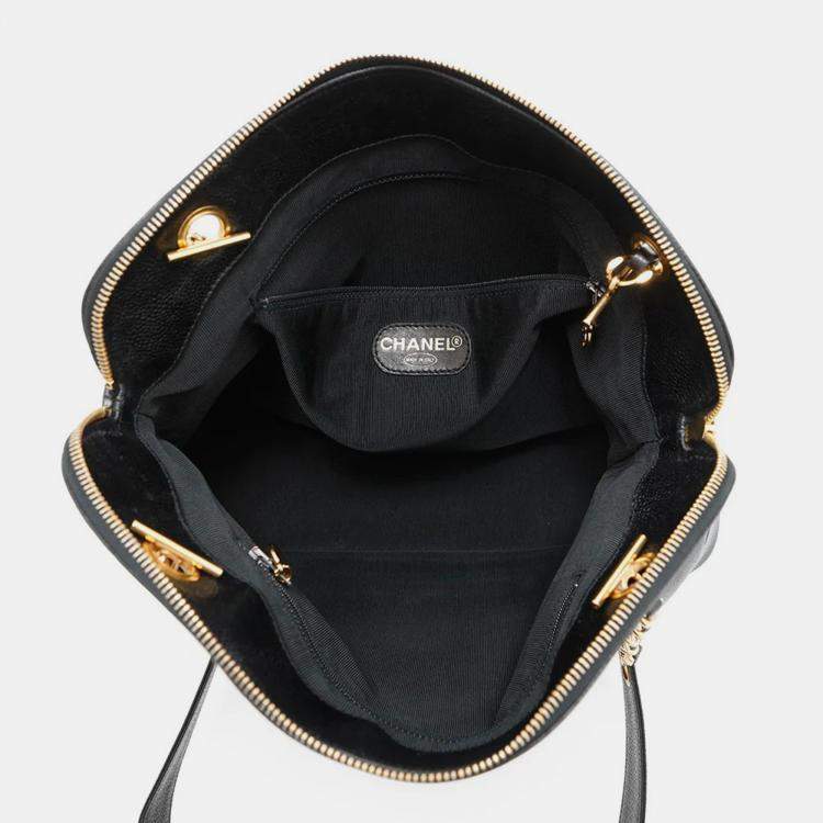 Pre Owned Chanel Logo Black Caviar Leather Chain Shoulder Bag