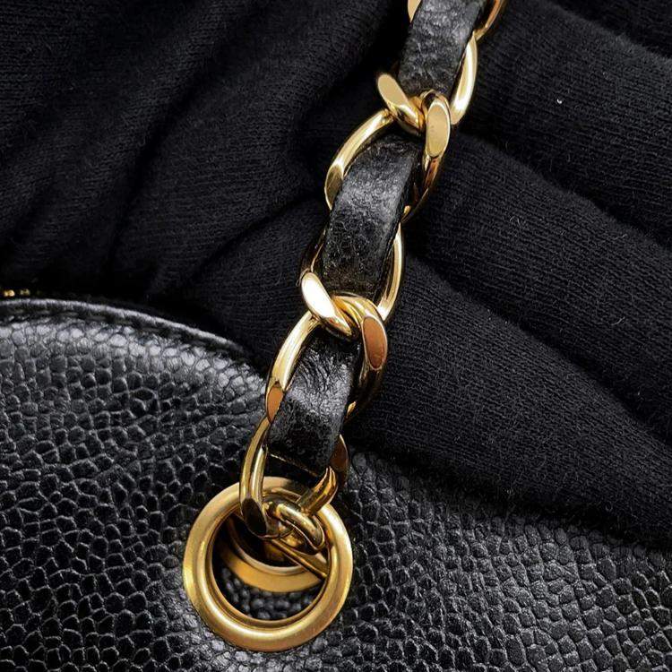 Pre Owned Chanel Logo Black Caviar Leather Chain Shoulder Bag