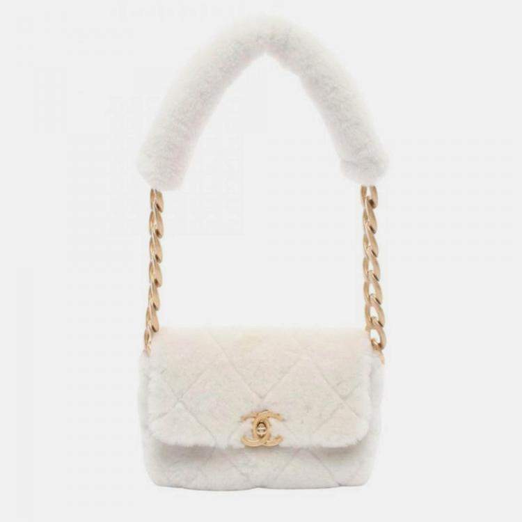 Pre Owned Chanel Matelasse White Shearling Fur Crossbody Bag