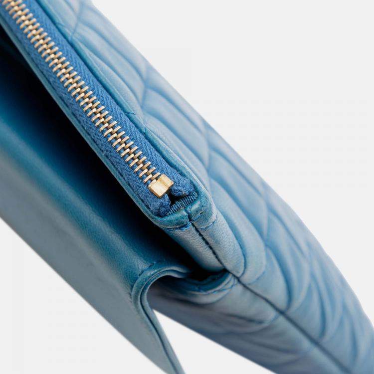 Pre Owned Chanel Blue Large Quilted Lambskin Flap O Case Clutch