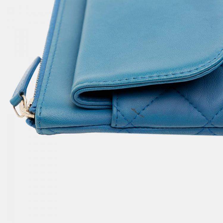 Pre Owned Chanel Blue Large Quilted Lambskin Flap O Case Clutch