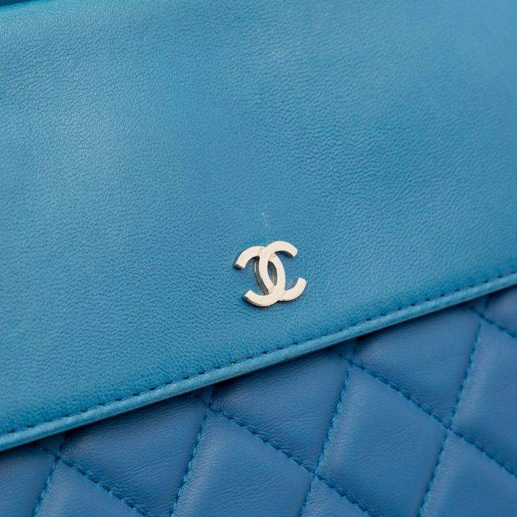 Pre Owned Chanel Blue Large Quilted Lambskin Flap O Case Clutch