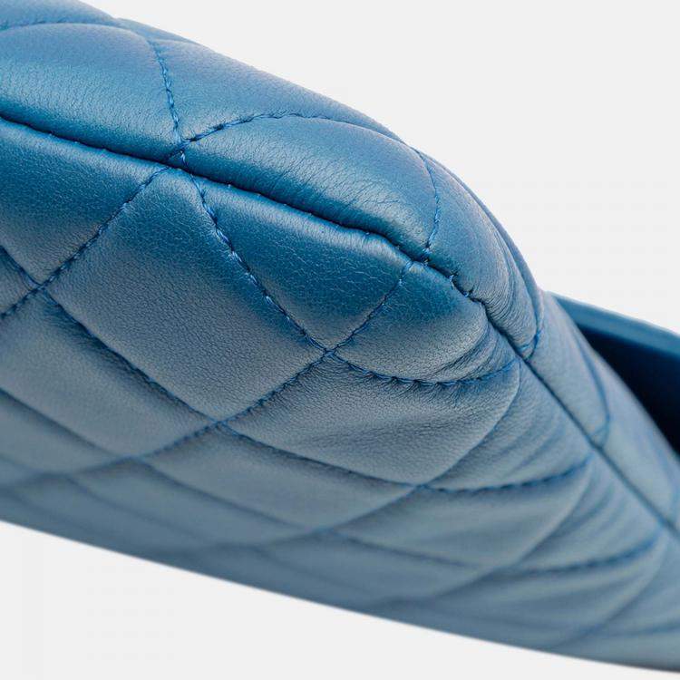 Pre Owned Chanel Blue Large Quilted Lambskin Flap O Case Clutch