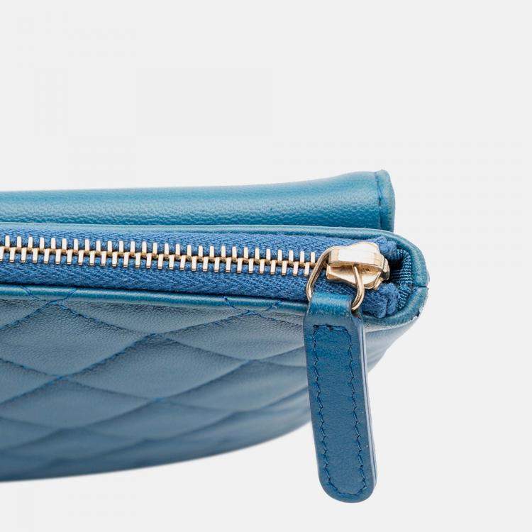 Pre Owned Chanel Blue Large Quilted Lambskin Flap O Case Clutch