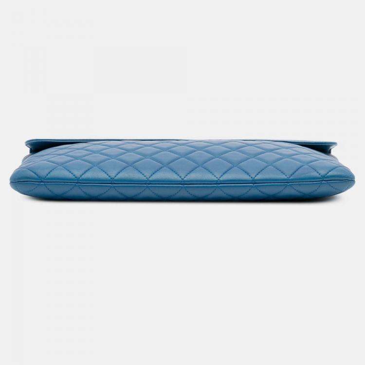 Pre Owned Chanel Blue Large Quilted Lambskin Flap O Case Clutch