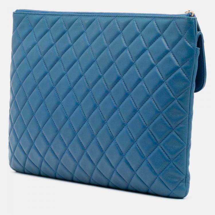 Pre Owned Chanel Blue Large Quilted Lambskin Flap O Case Clutch
