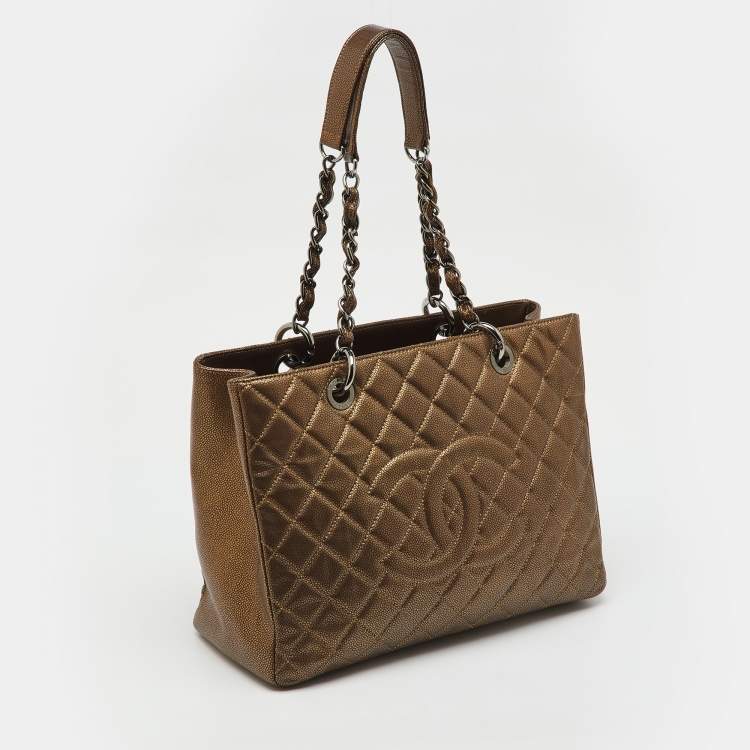 Pre Owned Chanel Metallic Bronze Quilted Caviar Leather Grand GST Shopping Tote