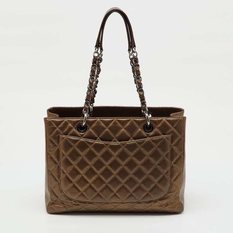 Pre Owned Chanel Metallic Bronze Quilted Caviar Leather Grand GST Shopping Tote