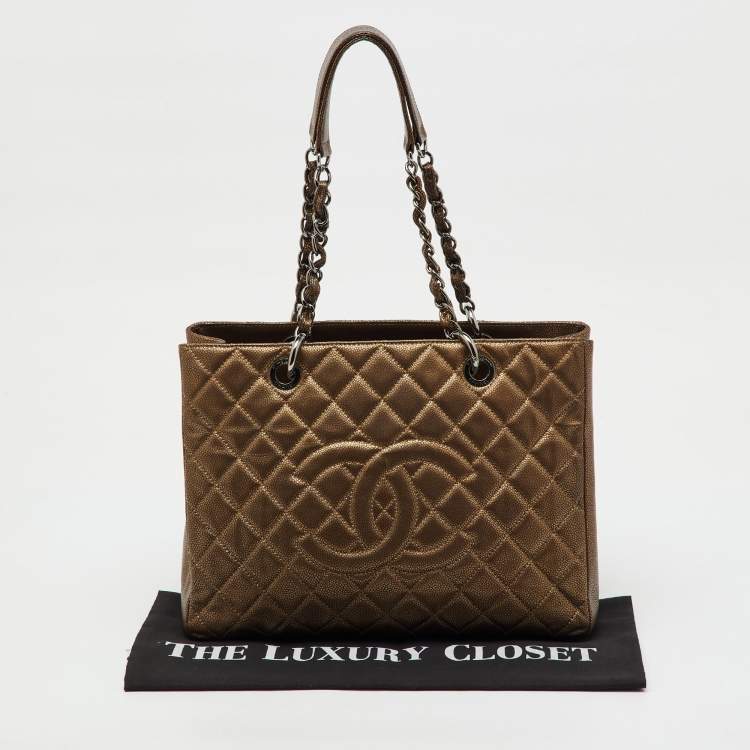 Pre Owned Chanel Metallic Bronze Quilted Caviar Leather Grand GST Shopping Tote