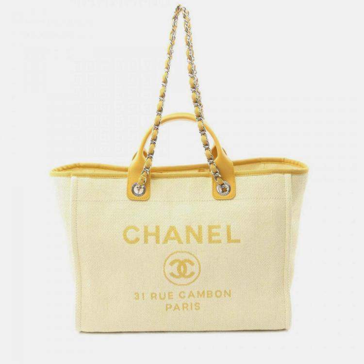 Pre Owned Chanel Deauville Ivory Yellow Leather Raffia Tote Bag