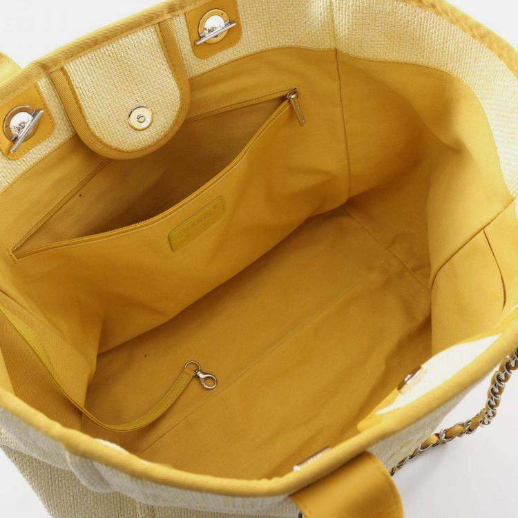 Pre Owned Chanel Deauville Ivory Yellow Leather Raffia Tote Bag