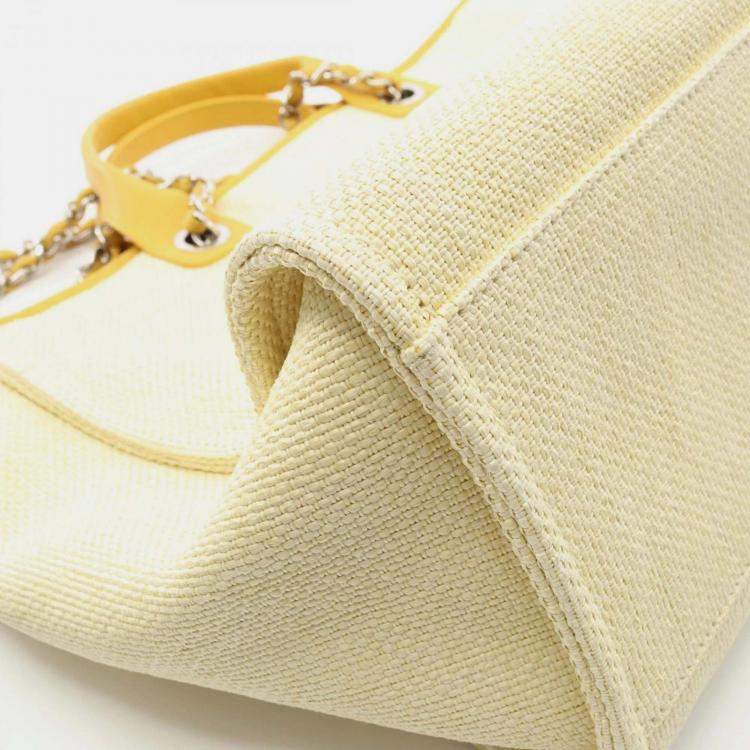 Pre Owned Chanel Deauville Ivory Yellow Leather Raffia Tote Bag