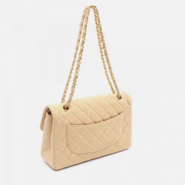 Pre Owned Chanel Matelasse Paris Limited Edition Double Flap Shoulder Bag Beige Lambskin