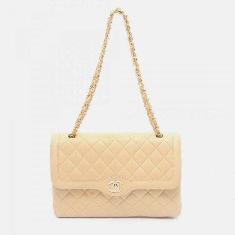 Pre Owned Chanel Matelasse Paris Limited Edition Double Flap Shoulder Bag Beige Lambskin