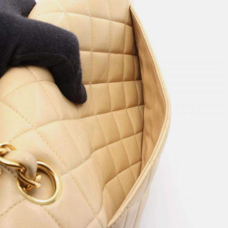 Pre Owned Chanel Matelasse Paris Limited Edition Double Flap Shoulder Bag Beige Lambskin