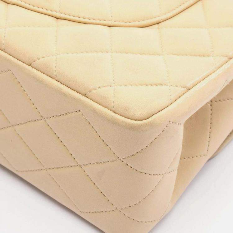 Pre Owned Chanel Matelasse Paris Limited Edition Double Flap Shoulder Bag Beige Lambskin