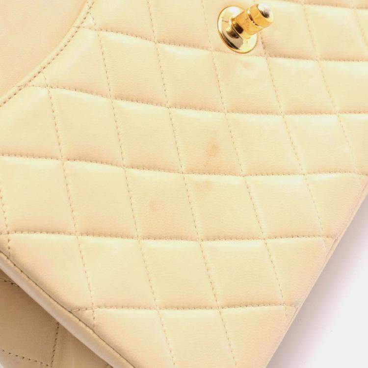 Pre Owned Chanel Matelasse Paris Limited Edition Double Flap Shoulder Bag Beige Lambskin