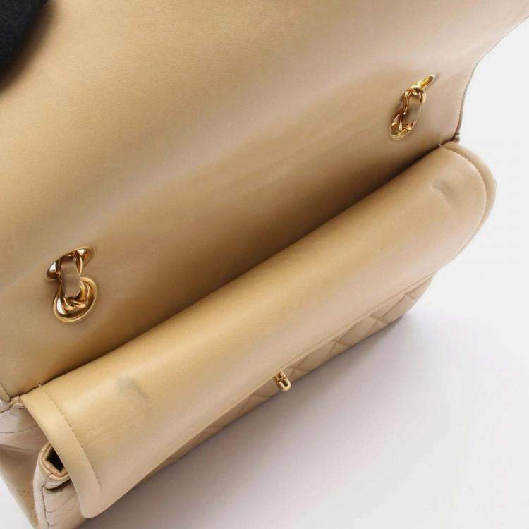 Pre Owned Chanel Matelasse Paris Limited Edition Double Flap Shoulder Bag Beige Lambskin