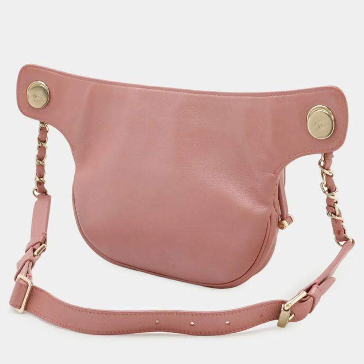 Pre Owned Chanel Matelasse Coco Mark Belt Bag Body Chain Shoulder Leather Pink
