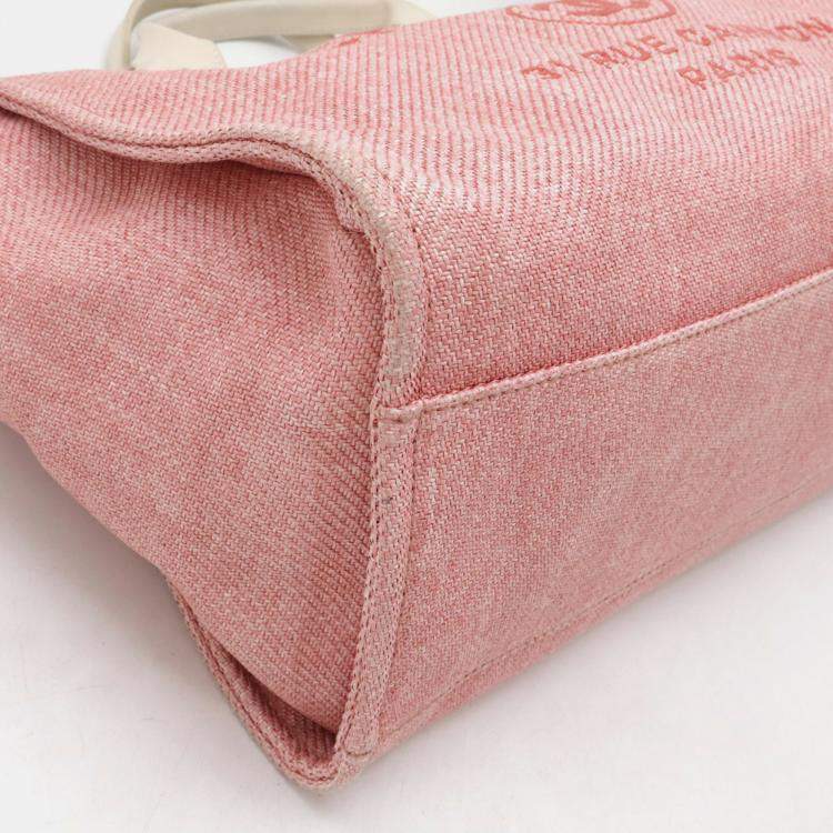 Pre Owned Chanel Deauville Tote Gm Bag Chain Shoulder Canvas Leather Pink White