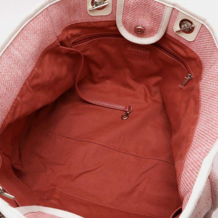 Pre Owned Chanel Deauville Tote Gm Bag Chain Shoulder Canvas Leather Pink White