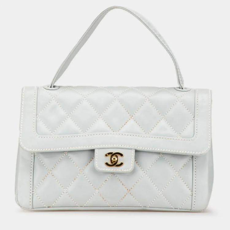 Pre Owned Chanel Matelasse Wild Stitch Coco Mark Handbag Blue Lambskin
