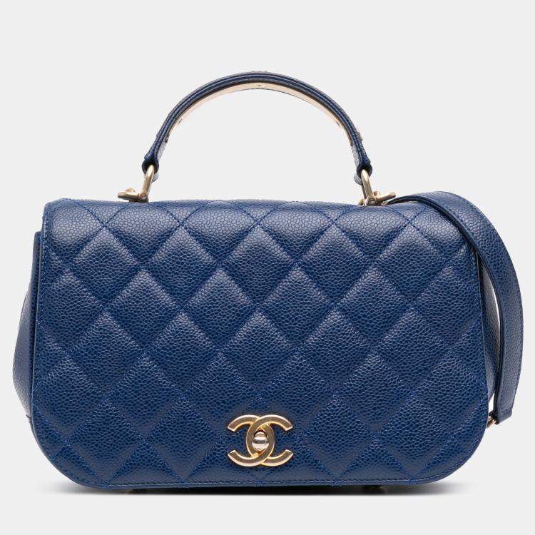 Pre Owned Chanel Navy Blue Small Quilted Caviar Carry Around Flap
