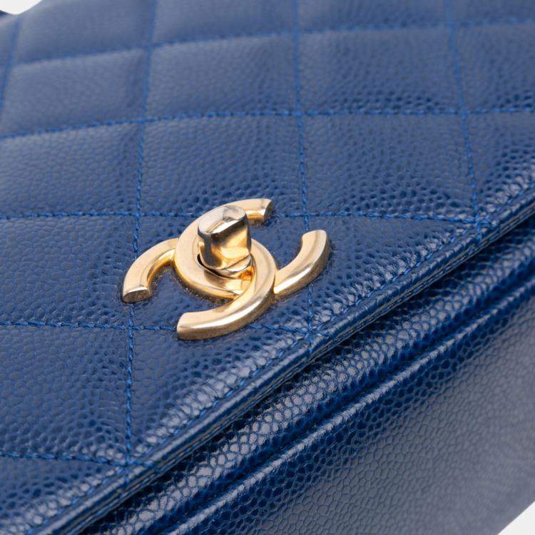 Pre Owned Chanel Navy Blue Small Quilted Caviar Carry Around Flap