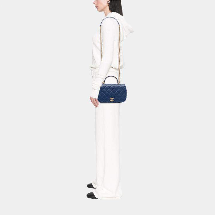 Pre Owned Chanel Navy Blue Small Quilted Caviar Carry Around Flap