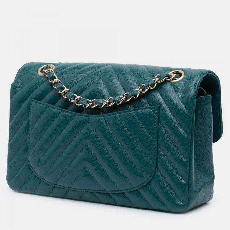 Pre Owned Chanel Classic Small Blue Tone Chevron Caviar Leather Double Flap Bag