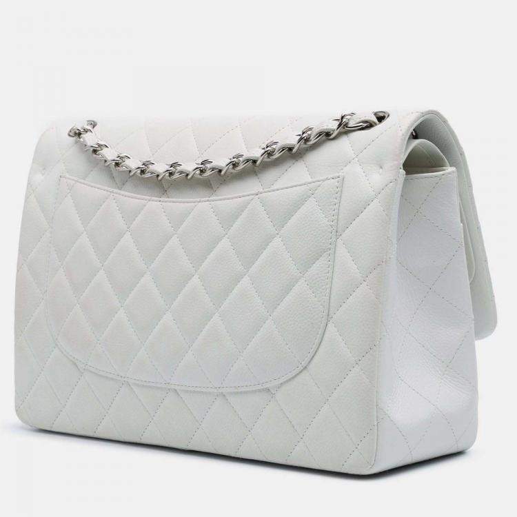 Pre Owned Chanel Classic Double Flap Jumbo White Caviar Shoulder Bag