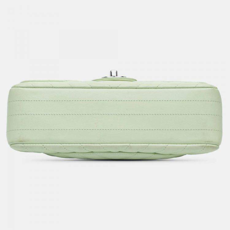 Pre Owned Chanel Classic Double Flap Small Green Chevron Lambskin Shoulder Bag