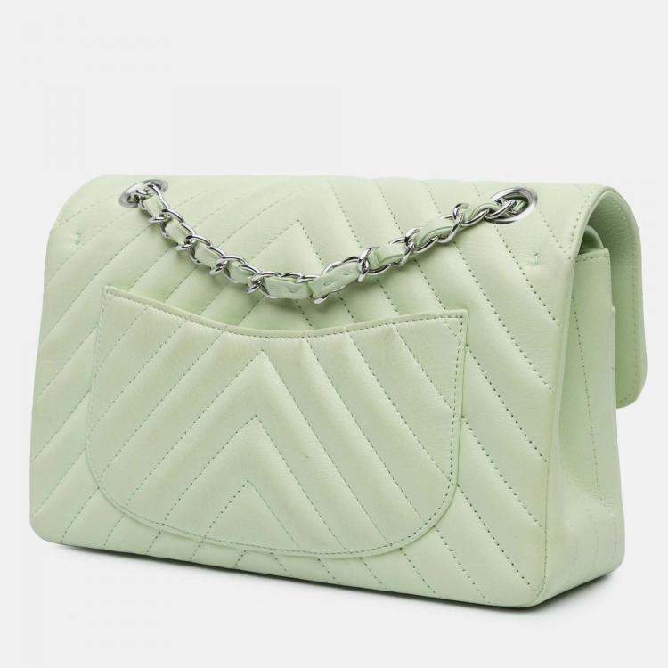Pre Owned Chanel Classic Double Flap Small Green Chevron Lambskin Shoulder Bag