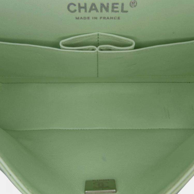 Pre Owned Chanel Classic Double Flap Small Green Chevron Lambskin Shoulder Bag