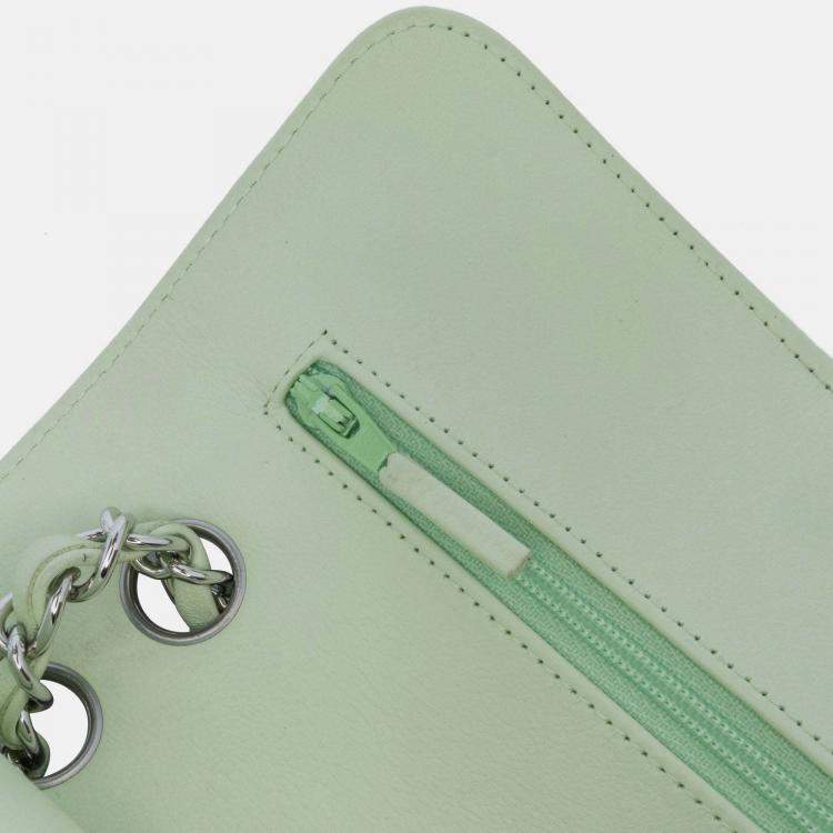 Pre Owned Chanel Classic Double Flap Small Green Chevron Lambskin Shoulder Bag