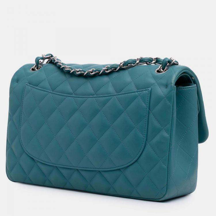 Pre Owned Chanel Classic Double Flap Jumbo Blue Lambskin Shoulder Bag