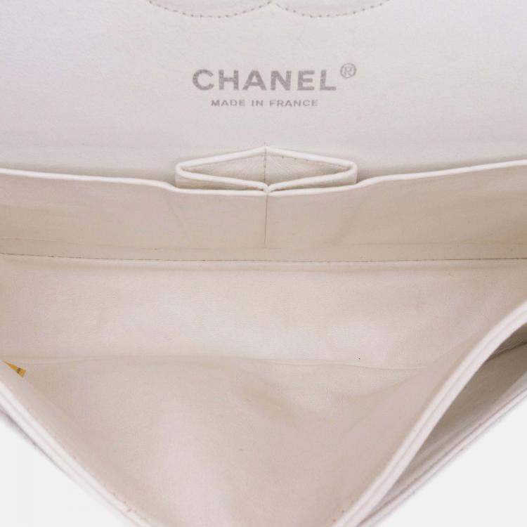 Pre Owned Chanel Classic Double Flap Medium White Caviar Shoulder Bag