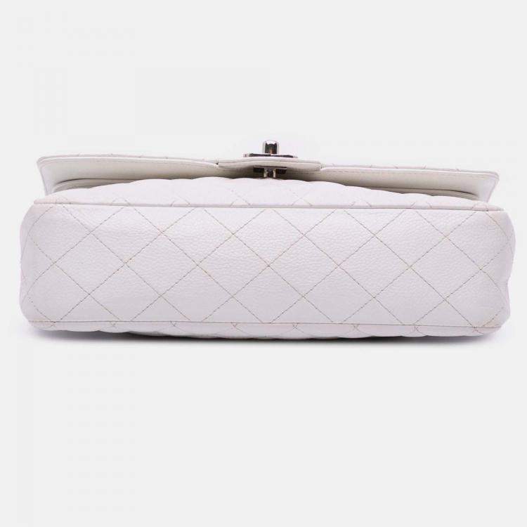 Pre Owned Chanel Classic Double Flap Medium White Caviar Shoulder Bag